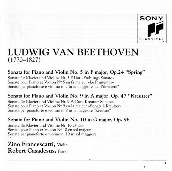 Beethoven* - Zino Francescatti, Robert Casadesus - Violin Sonatas No. 5 "Spring" - No. 9 "Kreutzer" - No. 10 (CD, Comp, RM) (Near Mint (NM or M-)) - Image 5