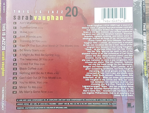 Sarah Vaughan - This Is Jazz (CD, Comp) (Near Mint (NM or M-)) - Image 2