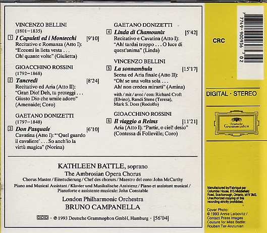 Kathleen Battle, London Philharmonic Orchestra, Bruno Campanella - Bel Canto (Kathleen Battle Sings Italian Opera Arias) (CD, Album, Comp, Club, RE) (Near Mint (NM or M-)) - Image 2