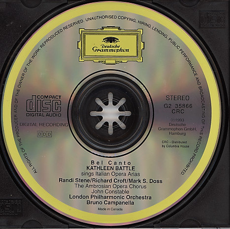 Kathleen Battle, London Philharmonic Orchestra, Bruno Campanella - Bel Canto (Kathleen Battle Sings Italian Opera Arias) (CD, Album, Comp, Club, RE) (Near Mint (NM or M-)) - Image 3