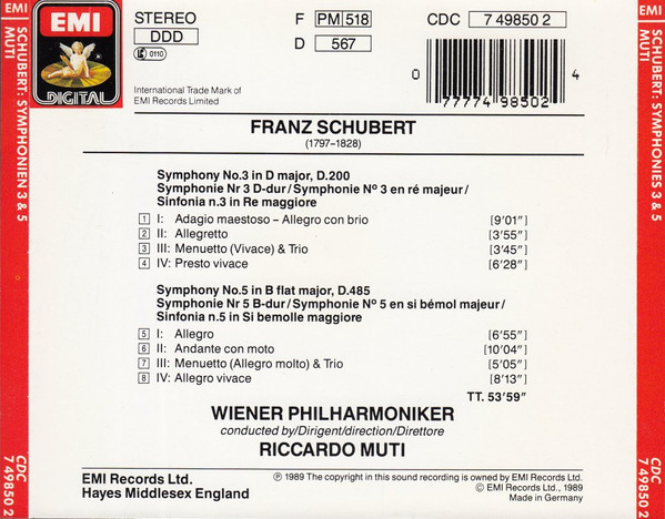 Franz Schubert - Wiener Philharmoniker, Riccardo Muti - Symphonien 3 & 5 (CD, Album) (Near Mint (NM or M-)) - Image 2