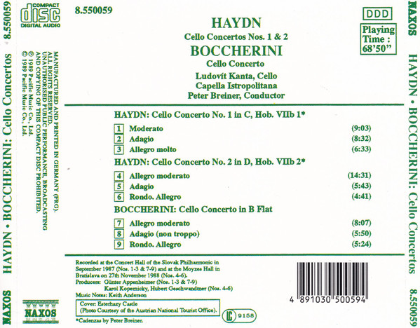 Haydn* / Boccherini* - Ludovít Kanta, Capella Istropolitana, Peter Breiner - Cello Concertos Nos. 1 And 2 / Cello Concerto (CD) (Near Mint (NM or M-)) - Image 2