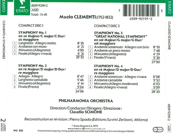 Muzio Clementi - Philharmonia Orchestra, Claudio Scimone - Symphonies Nos. 1-4 (2xCD) (Near Mint (NM or M-)) - Image 2