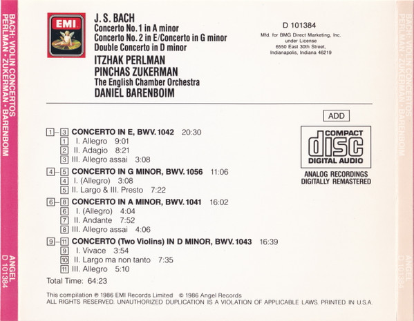 J. S. Bach*, Itzhak Perlman, Pinchas Zukerman, The English Chamber Orchestra*, Daniel Barenboim - Violin Concertos In A Minor • E • G Minor, Double Concerto In D Minor (CD, Comp, Club, RE, RM) (Near Mint (NM or M-)) - Image 2