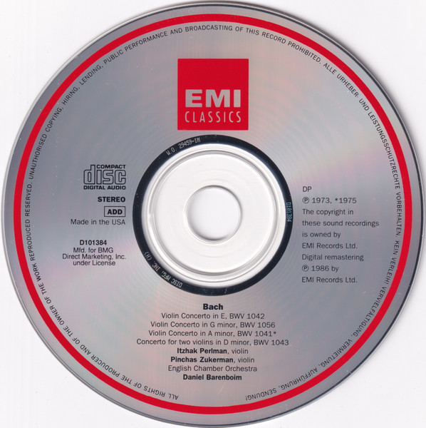 J. S. Bach*, Itzhak Perlman, Pinchas Zukerman, The English Chamber Orchestra*, Daniel Barenboim - Violin Concertos In A Minor • E • G Minor, Double Concerto In D Minor (CD, Comp, Club, RE, RM) (Near Mint (NM or M-)) - Image 3