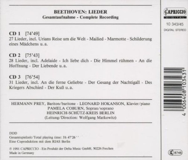 Beethoven*, Hermann Prey, Leonard Hokanson - Lieder (Gesamtaufnahme = Complete Recording) (3xCD, Comp) (Near Mint (NM or M-)) - Image 2