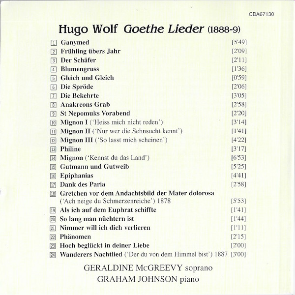 Hugo Wolf, Geraldine McGreevy, Graham Johnson (2) - Goethe Lieder (CD, Album) (Mint (M)) - Image 2