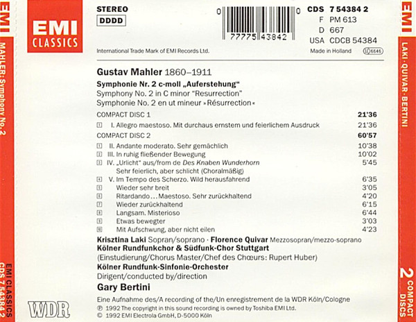 Gary Bertini, Mahler*, Krisztina Laki, Florence Quivar, Südfunk-Chor Stuttgart, Kölner Rundfunk-Sinfonie-Orchester - Symphonie No. 2 (2xCD) (Near Mint (NM or M-)) - Image 2