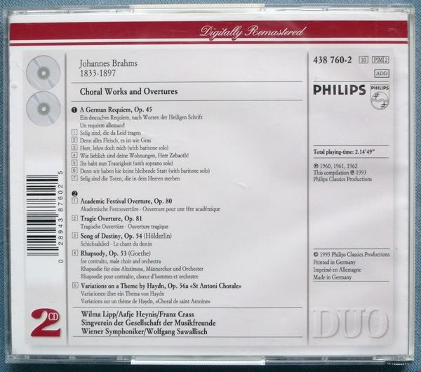 Brahms*, Aafje Heynis, Wilma Lipp, Franz Crass, Wolfgang Sawallisch, Wiener Symphoniker, Wiener Singverein - Choral Works And Overtures Including German Requiem, Song Of Destiny, Alto Rhapsody (2xCD, Comp, RM, PMD) (Near Mint (NM or M-)) - Image 2