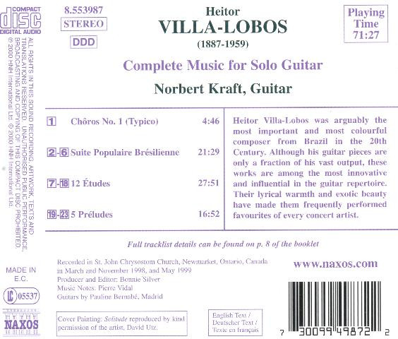 Villa-Lobos*, Norbert Kraft - Complete Music For Solo Guitar (Chôros No. 1 • Suite Brésilienne • Études • Préludes) (CD, Album) (Mint (M)) - Image 2