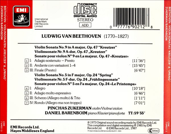 Beethoven* - Pinchas Zukerman • Daniel Barenboim - Kreutzer Sonate / Frühlingssonate (CD, Comp, RE, RM) (Near Mint (NM or M-)) - Image 2