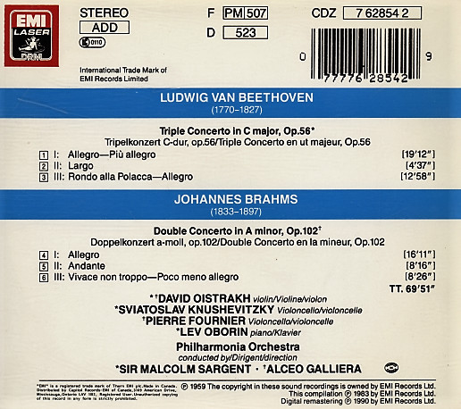 Beethoven*, Brahms*, David Oistrach, Pierre Fournier, Sviatoslav Knushevitsky, Lev Oborin, Philharmonia Orchestra, Sir Malcolm Sargent, Alceo Galliera - Beethoven Triple Concerto, Brahms Double Concerto (CD, Comp, RE, RM) (Near Mint (NM or M-)) - Image 2