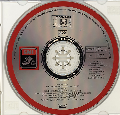 Beethoven*, Brahms*, David Oistrach, Pierre Fournier, Sviatoslav Knushevitsky, Lev Oborin, Philharmonia Orchestra, Sir Malcolm Sargent, Alceo Galliera - Beethoven Triple Concerto, Brahms Double Concerto (CD, Comp, RE, RM) (Near Mint (NM or M-)) - Image 3