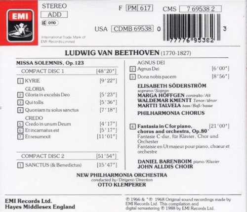 Beethoven*, Otto Klemperer, New Philharmonia Orchestra - Elisabeth Söderström, Marga Höffgen, Waldemar Kmentt, Martti Talvela, New Philharmonia Chorus / Daniel Barenboim, John Alldis Choir - Missa Solemnis / Choral Fantasia (2xCD, Comp, RE, RM) (Near Mint (NM or M-)) - Image 3