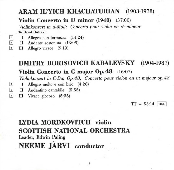 Khachaturian* / Kabalevsky*, Lydia Mordkovitch, Scottish National Orchestra*, Neeme Järvi - Violin Concerto In D Minor / Violin Concerto In C Op. 48 (CD) (Near Mint (NM or M-)) - Image 2