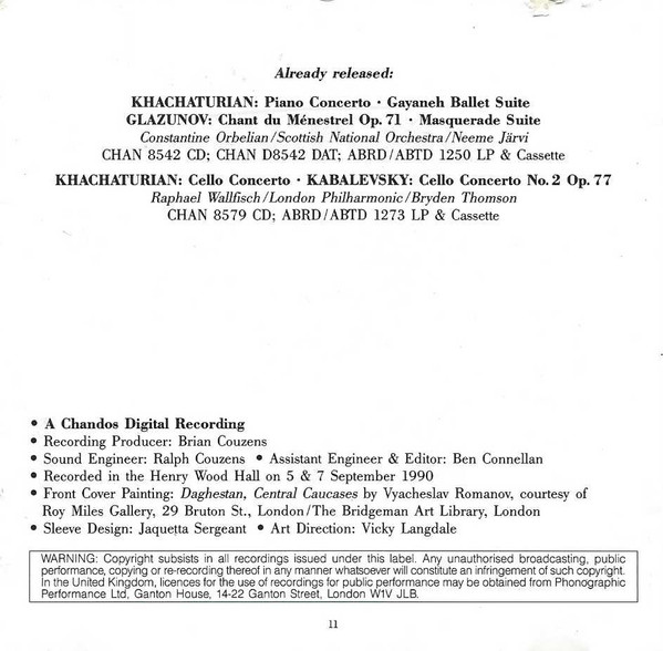 Khachaturian* / Kabalevsky*, Lydia Mordkovitch, Scottish National Orchestra*, Neeme Järvi - Violin Concerto In D Minor / Violin Concerto In C Op. 48 (CD) (Near Mint (NM or M-)) - Image 3