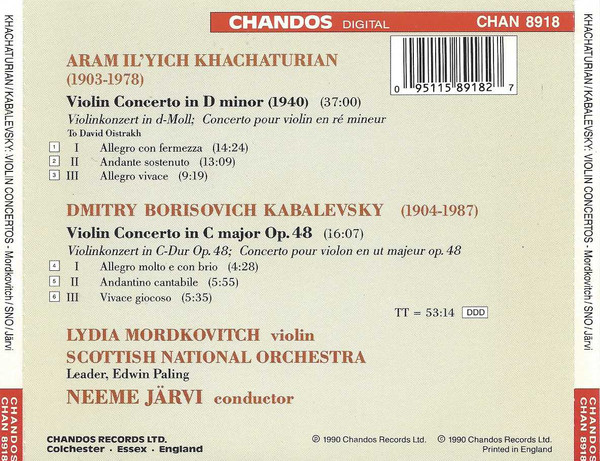 Khachaturian* / Kabalevsky*, Lydia Mordkovitch, Scottish National Orchestra*, Neeme Järvi - Violin Concerto In D Minor / Violin Concerto In C Op. 48 (CD) (Near Mint (NM or M-)) - Image 4