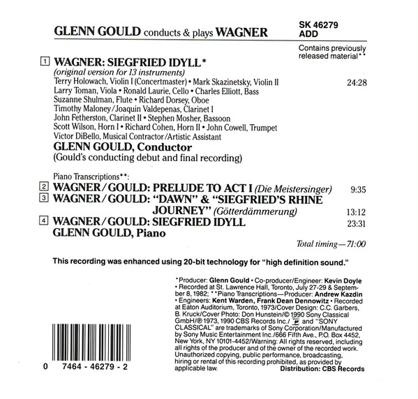Glenn Gould, Wagner* - Glenn Gould Conducts Wagner's Siegfried Idyll (Gould's Conducting Debut And Final Recording) · Piano Transcriptions: Siegfried Idyll, Die Meistersinger, Götterdämmerung (CD, Album, Comp) (Near Mint (NM or M-)) - Image 2