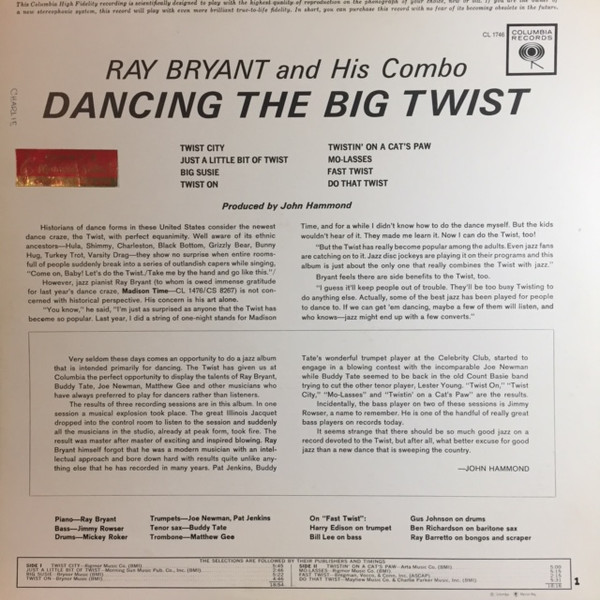 The Ray Bryant Combo - Dancing The Big Twist (LP, Album, Mono) (Very Good Plus (VG+)) - Image 2