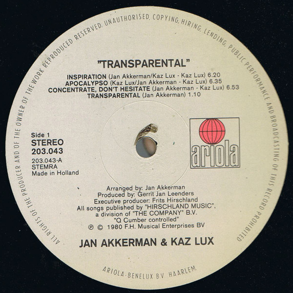 Jan Akkerman & Kaz Lux - Transparental (LP, Album) (Very Good Plus (VG+)) - Image 3