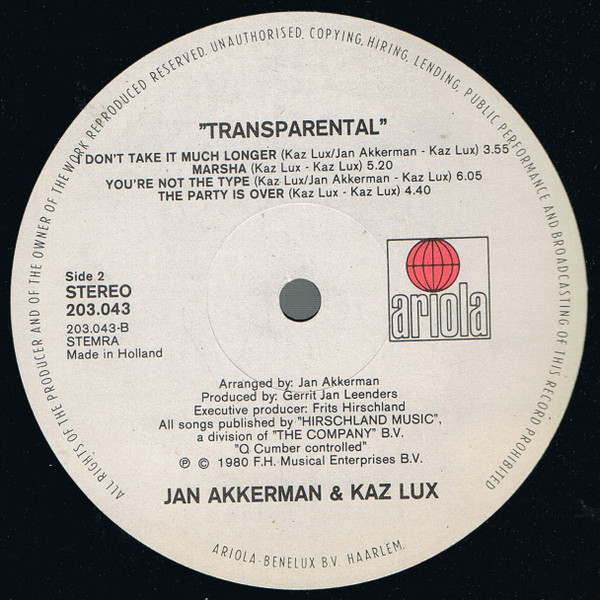 Jan Akkerman & Kaz Lux - Transparental (LP, Album) (Very Good Plus (VG+)) - Image 4