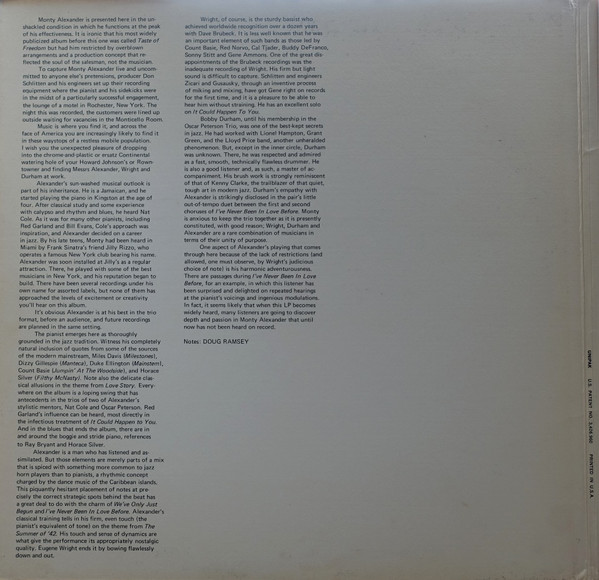 The Monty Alexander Trio - We've Only Just Begun (LP, Album, Gat) (Very Good Plus (VG+)) - Image 4