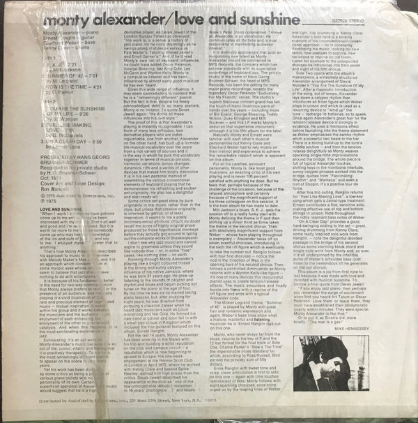 Monty Alexander - Love And Sunshine (LP, Album) (Near Mint (NM or M-)) - Image 2