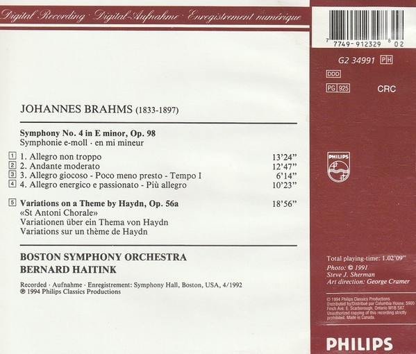 Brahms* – Boston Symphony Orchestra / Bernard Haitink - Symphony No. 4 • « Haydn » Variations (CD, Album, Club, RE) (Near Mint (NM or M-)) - Image 2
