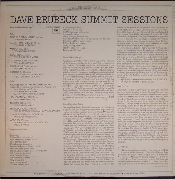 Dave Brubeck - Summit Sessions (LP, Album, Pit) (Very Good Plus (VG+)) - Image 2