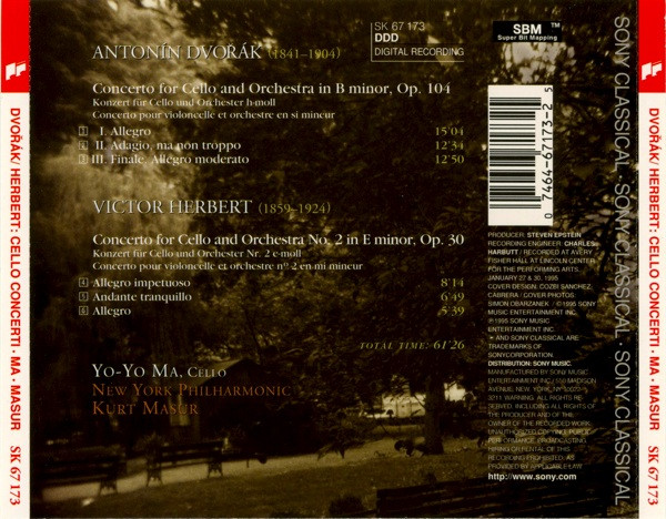 Dvořák*, Herbert* - Yo-Yo Ma - New York Philharmonic, Kurt Masur - Concertos From The New World (CD, Album, SBM) (Mint (M)) - Image 2