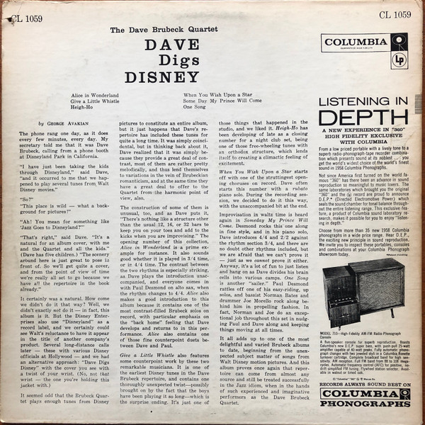 The Dave Brubeck Quartet - Dave Digs Disney (LP, Album, Mono, RE, Six) (Good (G)) - Image 2