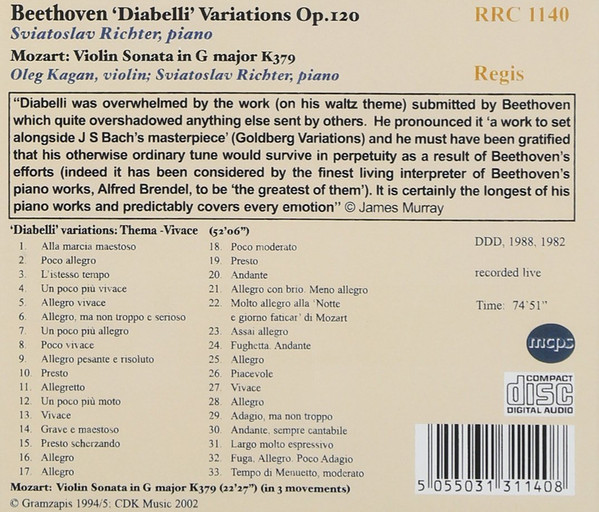 Ludwig van Beethoven, Sviatoslav Richter - Diabelli Variations Op. 120 (CD, Comp, RE, RM) (Near Mint (NM or M-)) - Image 2