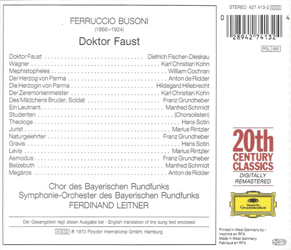 Ferruccio Busoni / Dietrich Fischer-Dieskau, Karl Kohn, William Cochran, Ferdinand Leitner - Doktor Faust (3xCD, Album, RE, RM) (Near Mint (NM or M-)) - Image 2