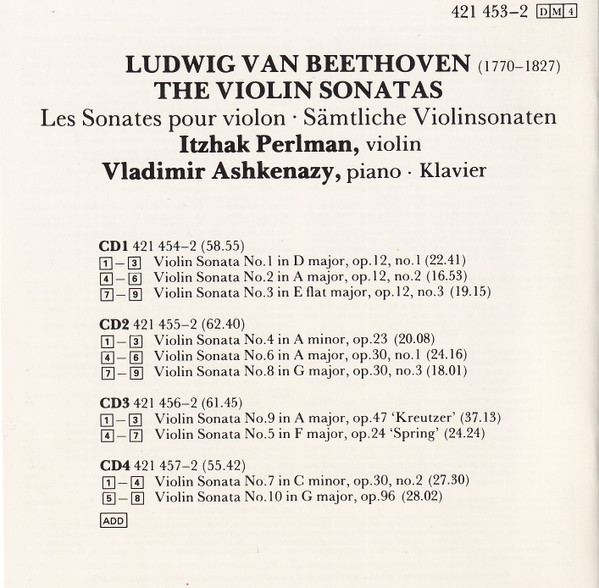 Ludwig van Beethoven - Itzhak Perlman, Vladimir Ashkenazy - The Violin Sonatas (4xCD, Comp, RE, RM) (Mint (M)) - Image 3