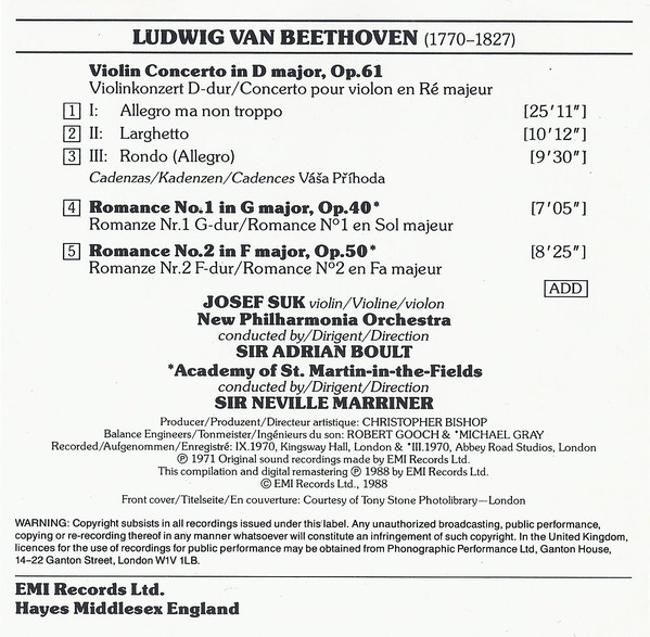 Ludwig van Beethoven, Josef Suk, Sir Adrian Boult - Violin Concerto (CD, Comp, RM) (Mint (M)) - Image 2
