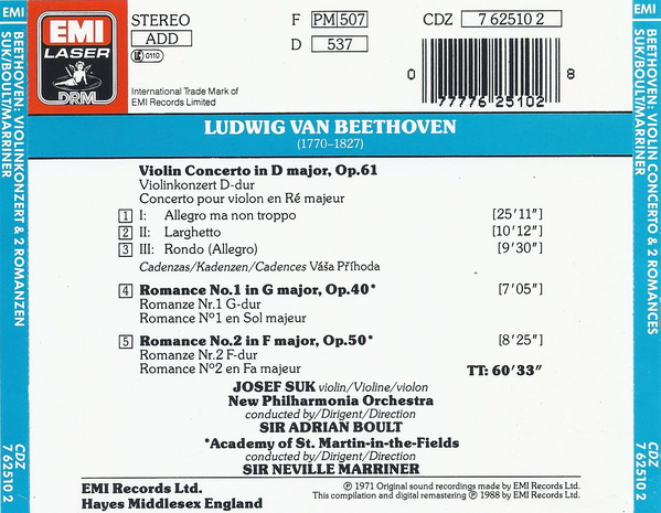 Ludwig van Beethoven, Josef Suk, Sir Adrian Boult - Violin Concerto (CD, Comp, RM) (Mint (M)) - Image 3