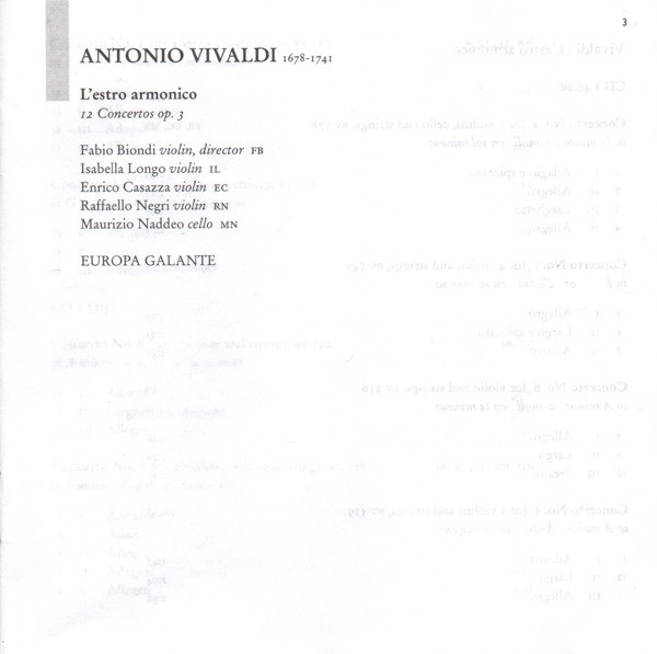 Antonio Vivaldi - Fabio Biondi, Europa Galante - L'Estro Armonico - 12 Concertos Op. 3 (2xCD) (Near Mint (NM or M-)) - Image 2