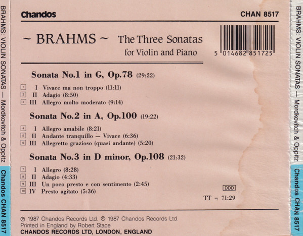 Johannes Brahms, Lydia Mordkovitch, Gerhard Oppitz - The Three Sonatas For Violin And Piano (CD) (Mint (M)) - Image 2