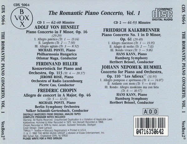 Frédéric Chopin • Ferdinand Hiller • Adolph von Henselt • Johann Nepomuk Hummel • Friedrich Kalkbrenner, Michael Ponti, Hans Kann, Jerome Rose - The Romantic Piano Concerto Volume 1 (2xCD, Comp, RM) (Near Mint (NM or M-)) - Image 3