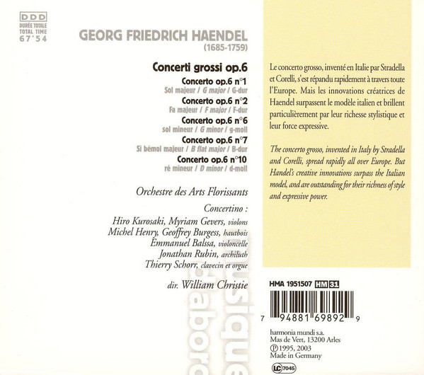 Georg Friedrich Händel - Les Arts Florissants, William Christie - Concerti Grossi Op. 6 (CD, Album, RE) (Near Mint (NM or M-)) - Image 2