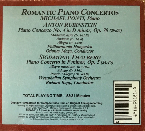 Anton Rubinstein, Sigismond Thalberg − Michael Ponti, Philharmonia Hungarica, Westfälisches Sinfonieorchester, Othmar F. M. Mága & Richard Kapp - Romantic Piano Concertos (Concerto No. 4 In D Minor, Op. 70 / Concerto In F Minor, Op. 5) (CD, RM) (Near Mint (NM or M-)) - Image 2