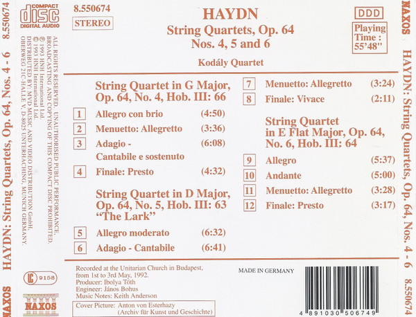 Joseph Haydn, Kodály Quartet - String Quartets Op. 64 Nos. 4, 5 "The Lark" And 6 (CD) (Near Mint (NM or M-)) - Image 2