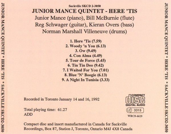 Junior Mance Quintet - Here 'Tis (CD, Album) (Near Mint (NM or M-)) - Image 2