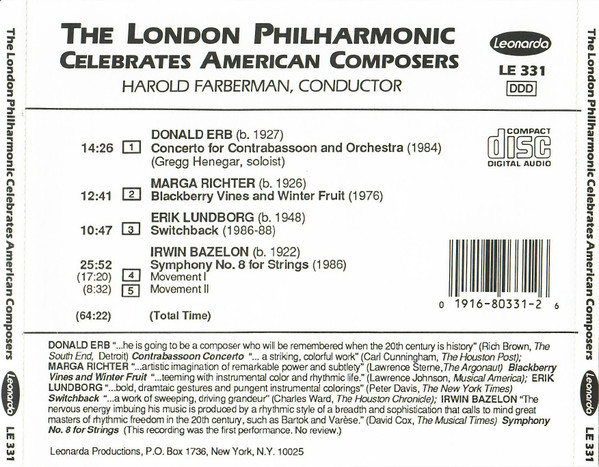 Donald Erb, Erik Lundborg, Marga Richter, Irwin Bazelon - London Philharmonic Orchestra, Harold Farberman - The London Philharmonic Celebrates American Composers (CD) (Near Mint (NM or M-)) - Image 2