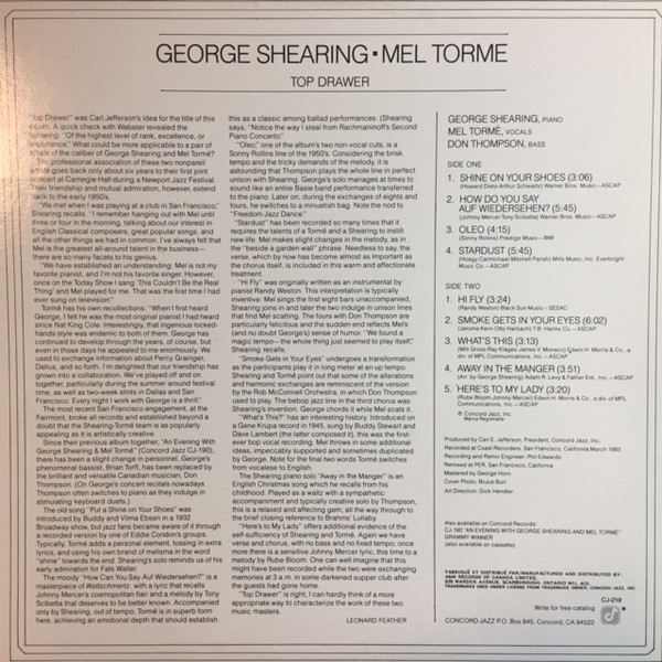 George Shearing, Mel Tormé - Top Drawer (LP, Album) (Mint (M)) - Image 2