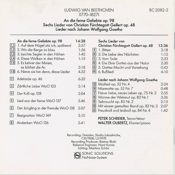 Ludwig van Beethoven, Peter Schreier, Walter Olbertz - Lieder · Songs (Vol. 1) (CD, Comp, RM, RP) (Near Mint (NM or M-)) - Image 2