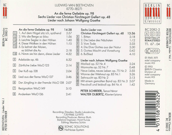 Ludwig van Beethoven, Peter Schreier, Walter Olbertz - Lieder · Songs (Vol. 1) (CD, Comp, RM, RP) (Near Mint (NM or M-)) - Image 3