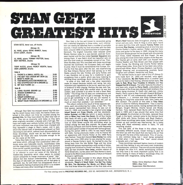 Stan Getz - Greatest Hits (LP, Comp, RE) (Very Good Plus (VG+)) - Image 2