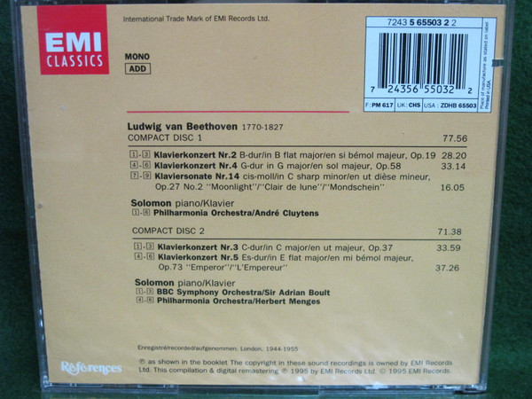 Ludwig van Beethoven, Solomon (6) - Piano Concertos Nos. 2-5, Piano Sonata No.14 (2xCD, Comp, RM) (Near Mint (NM or M-)) - Image 2
