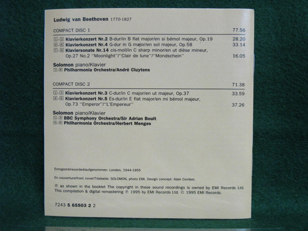 Ludwig van Beethoven, Solomon (6) - Piano Concertos Nos. 2-5, Piano Sonata No.14 (2xCD, Comp, RM) (Near Mint (NM or M-)) - Image 4